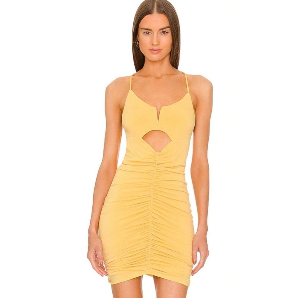 MICHAEL COSTELLO X REVOLVE Ella Mini Dress Yellow Ruched Cutout Bodycon Size M